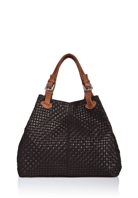 Aria Italian leather woven handbag in black