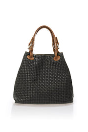 Aria Italian leather woven handbag in dark green