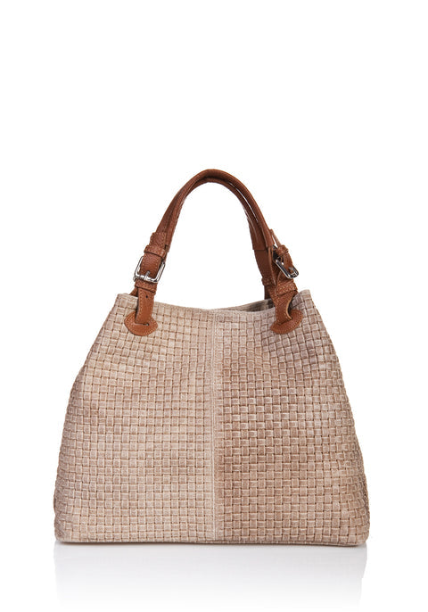 Aria Italian leather woven handbag in taupe