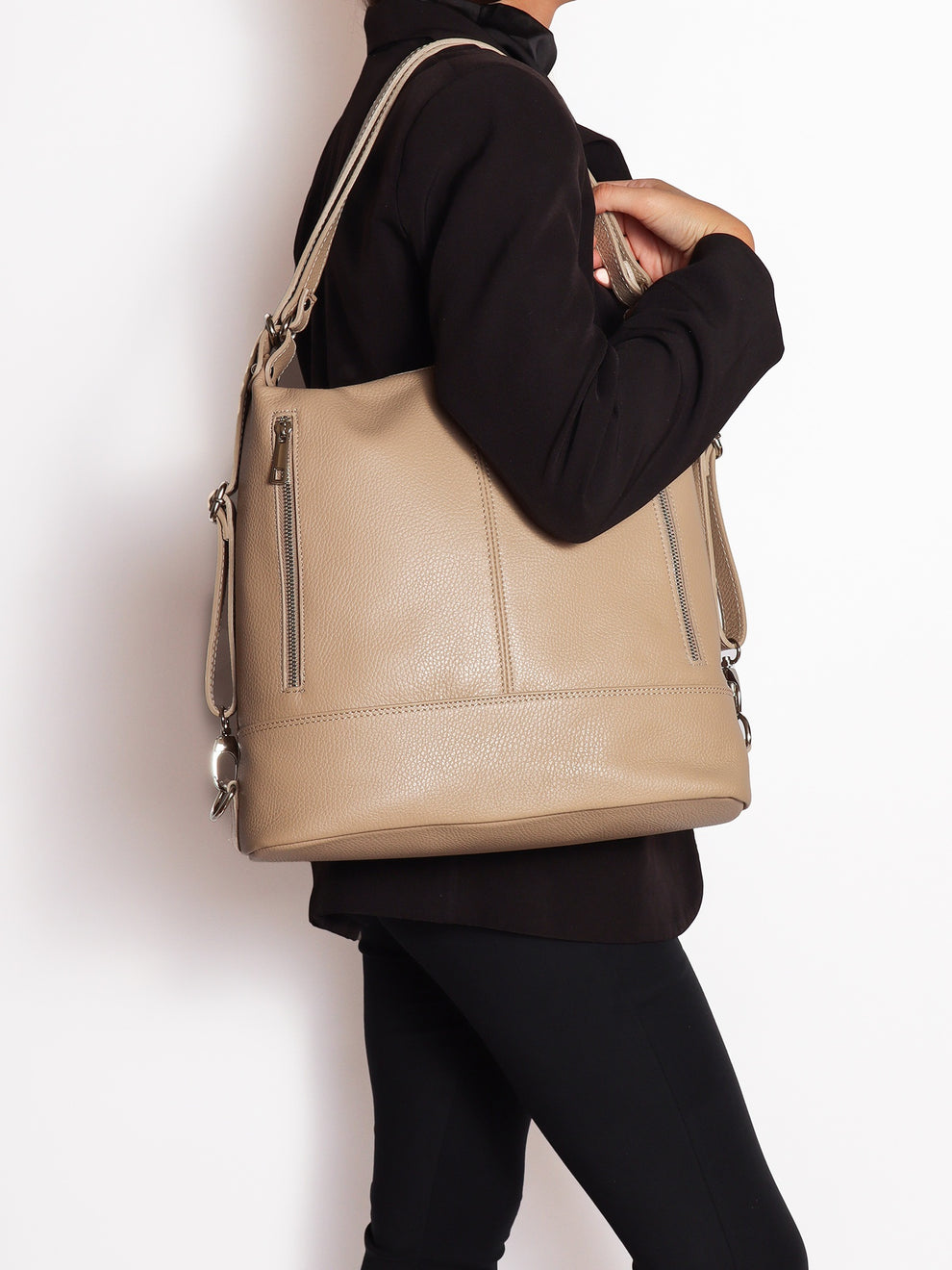Convertible Italian Leather Shoulder Bag – Cappuccino | Borsa D’Oro